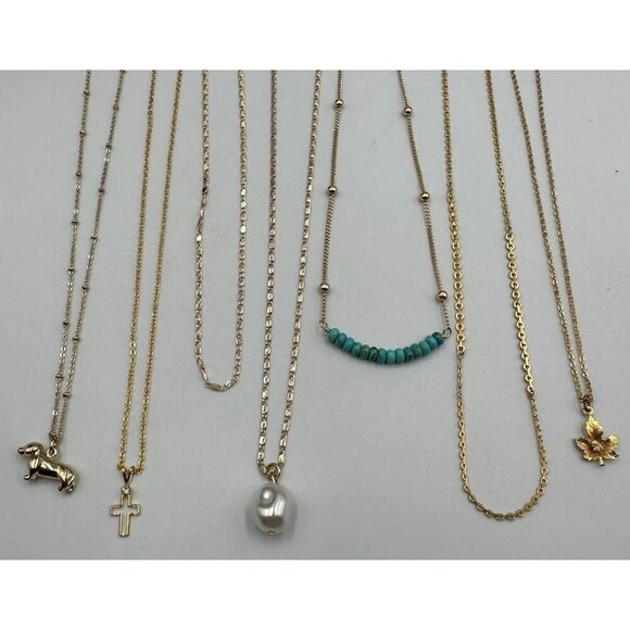 Fashion Jewelry Jewelry - Necklace Lot Gold Tone Pendant Style Thin Chain Link Faux Pearl Puppy Cross